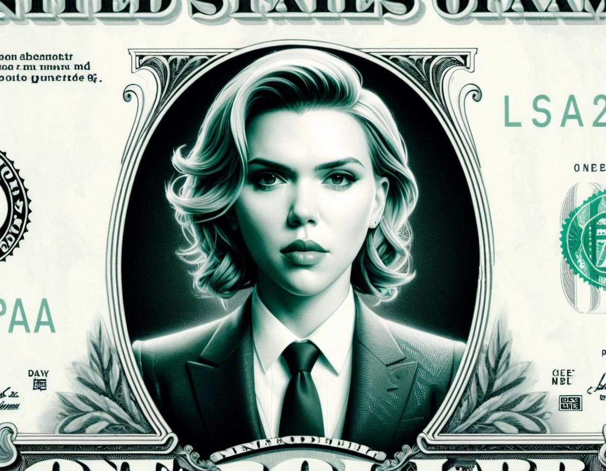 DollaBill, digital painting of Scarlett Johansson, wearing a suit and tie, framed by an ornate border, on top of a $ 100 bill. watermark. pg13 _ rating
