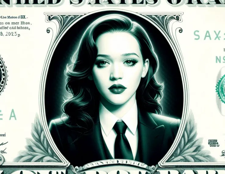 
DollaBill, digital painting of Kat Dennings, wearing a suit and tie, framed by an ornate border, on top of a $ 100 bill. watermark. pg13 _ rating