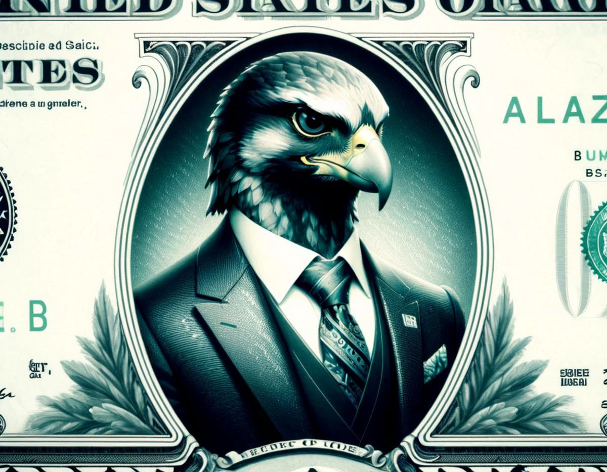 DollaBill, digital painting of The Falcon, wearing a suit and tie, framed by an ornate border, on top of a $ 100 bill. watermark. pg13 _ rating