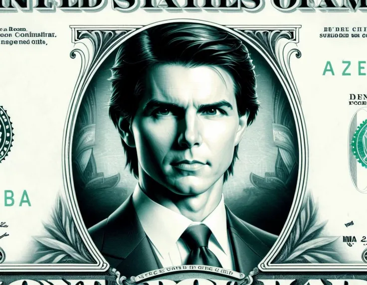 DollaBill, digital painting of Tom Cruise, wearing a suit and tie, framed by an ornate border, on top of a $ 100 bill. watermark. pg13 _ rating