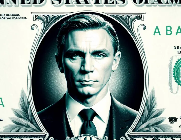 
DollaBill, digital painting of Daniel Craig, wearing a suit and tie, framed by an ornate border, on top of a $ 100 bill. watermark. pg13 _ rating