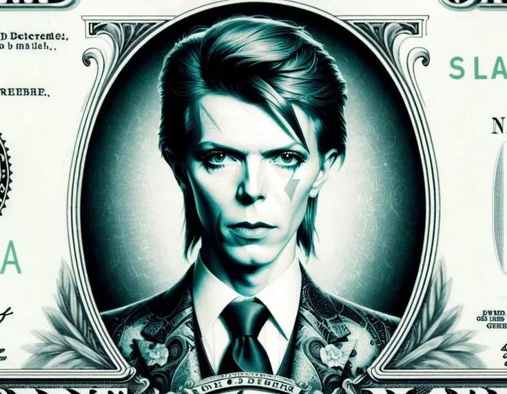 
DollaBill, digital painting of 25 yo David Bowie, wearing a suit and tie, framed by an ornate border, on top of a $ 100 bill. watermark. pg13 _ rating