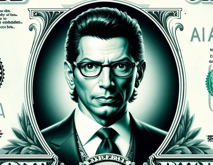 
DollaBill, digital painting of Jeff Goldblum, wearing a suit and tie, framed by an ornate border, on top of a $ 100 bill. watermark. pg13 _ rating