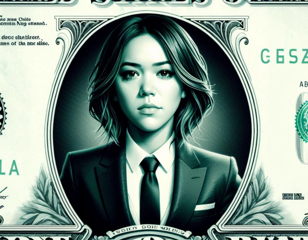 DollaBill, digital painting of Chloe Bennet, wearing a suit and tie, framed by an ornate border, on top of a $ 100 bill. watermark. pg13 _ rating