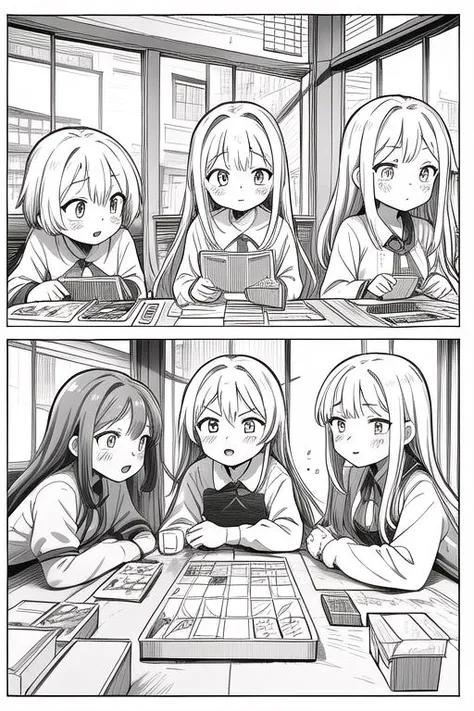 masterpiece, best quality,ultra detail, <lora:anmnr01:0.3> <lora:add_detail:0.5>,<lora:GoodHands-vanilla:0.8>,long,line art,3girls,1boy,comic,border,koma,Text bubble, <lora:LZ-comic strip:0.4> ,playing cardgame,classroom
