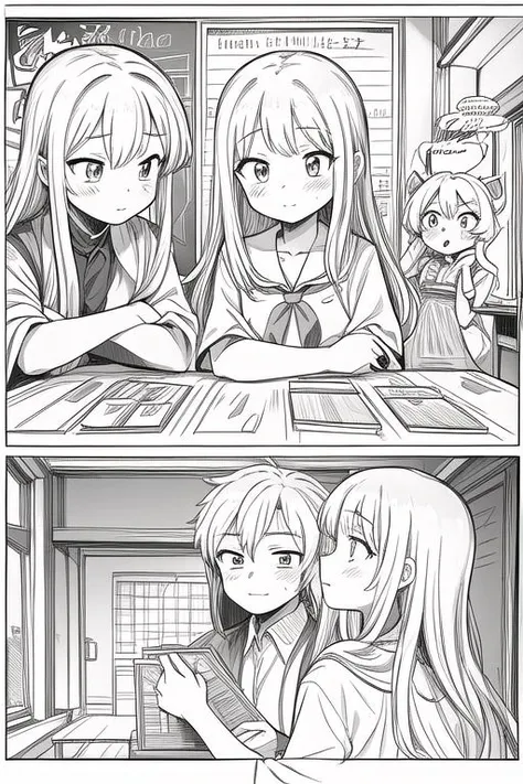 masterpiece, best quality,ultra detail, <lora:anmnr01:0.3>  <lora:add_detail:0.5>,<lora:GoodHands-vanilla:0.8>,long,line art,3girls,1boy,comic,border,koma,Text bubble, <lora:LZ-comic strip:0.4> ,playing cardgame,classroom