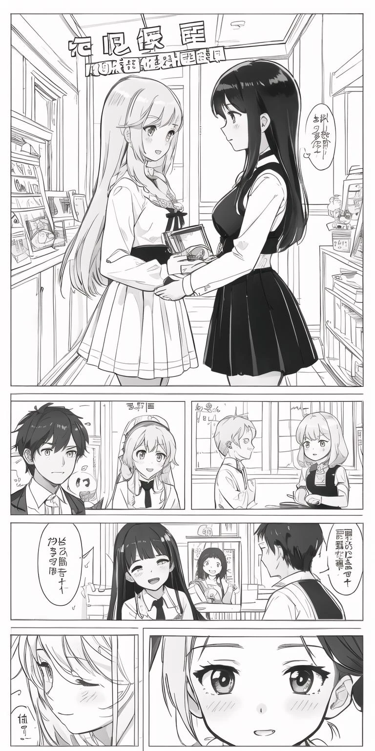 monochrome,line art,3girls,1boy,comic,border,koma, ,Text bubble, <lora:LZ-comic strip:0.2>