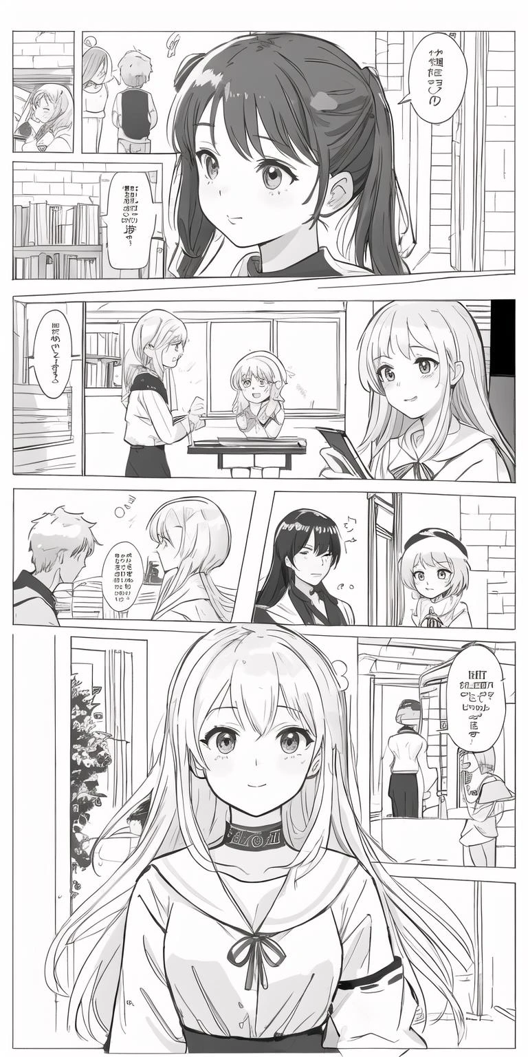 monochrome,line art,3girls,1boy,comic,border,koma, ,Text bubble, <lora:LZ-comic strip:0.2>