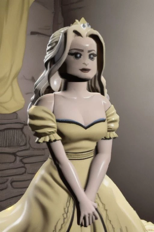 OverallDetail,
prinvk, 1 adult woman, legoavatar, , solo focus, dress, long hair, bare shoulders, princess,
