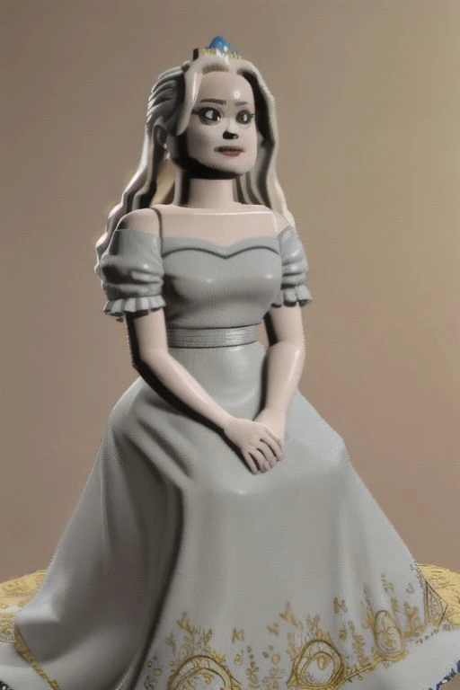 OverallDetail,
prinvk, 1 adult woman, legoavatar, , solo focus, dress, long hair, bare shoulders, princess,
