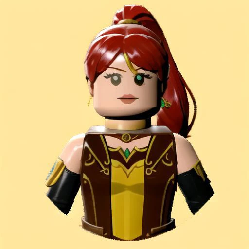 1girl, pyrrha nikos, ponytail, circlet, bustier, skirt, elbow gloves, bracers, armored boots, Legoavatar,straight-on, upper body, solo, looking at viewer