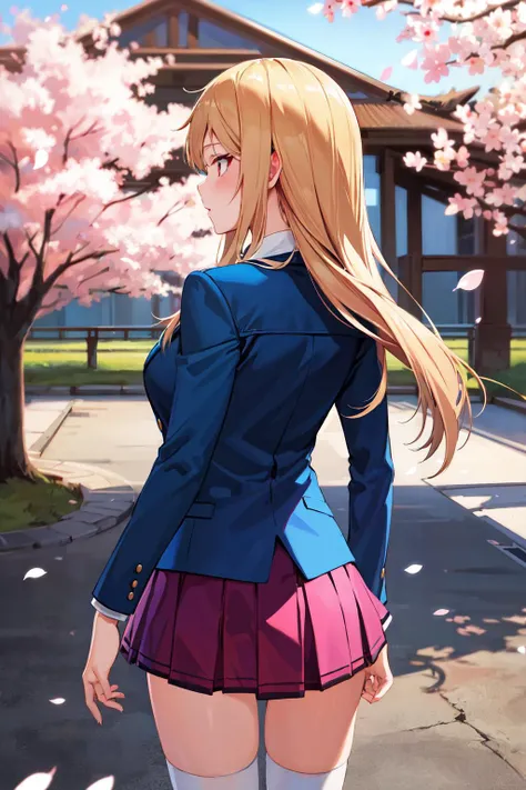 masterpiece, best quality, highres, mashi1, solo, , red necktie, pleated skirt, shirt, white socks, kneehighs, blue jacket, long sleeves, breasts, cowboy shot, cherry blossoms, from behind,
