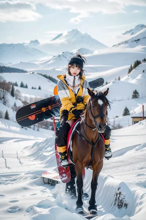 highres, 8k, absurdres, solo, looking at viewer, facing viewer, (nsfw:1.35), (earrings), (blunt bangs:1.2), skiing hat, (black bra:1.75), long hair, black hair, (high ponytail:1.3), (snowboard:1.3),(skiing googles on head), navel,
Spider_Pig, 1girl, bangs, black hair, snow mountain, (riding on a horse), horse, horse footprints on snow, animal, cloudy_sky, sky, cloud, riding, outdoors, snow, ((medium breasts)),
<lora:Stunning Beauty - 002:0.15>,
<lora:JP_Girl-000011:0.4>,