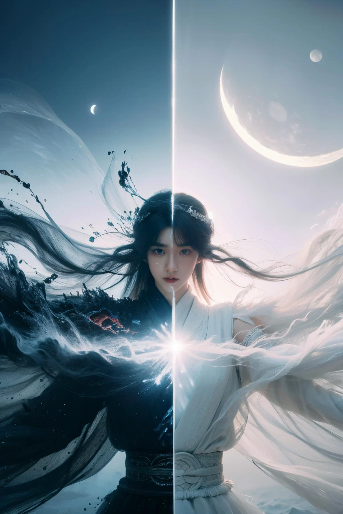 highres, 8k, absurdres, 1girl, Spider_Pig, long hair, (wabstyle:1.2), glowing, two-tone hair, fog, mist, white, black, split theme, two-tone, sun, moon, fighting stance, halo aura, god rays, hell fire, contrasts,
<lora:wabstyle:1>, <lora:JP_Girl-000011:0.15>