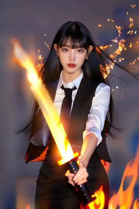 ((masterpiece), (best quality), ultra high res, (raw photo:1.2), (photorealistic:1.4), highres, 8k, absurdres,  1girl,MMN,MN,cho girl, black hair, sword, holding sword, energy sword, glowing sword, sword on fire, white shirt, necktie, black skirt, bangs, full body, looking at viewer,
<lora:JP_Girl-000011:0.4><lora:add_detail:-0.8>
<lora:wuxia2:0.3:lbw=1,1,1,1,1,1,1,1,0.2,0.2,0.2,1,1,1,1,1,1>