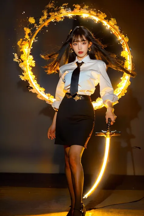 ((masterpiece), (best quality), ultra high res, (raw photo:1.2), (photorealistic:1.4), highres, 8k, absurdres,  1girl,MMN,MN,cho girl, black hair, sword, holding sword, yellow sword, glowing sword, white shirt, necktie, black skirt, bangs, full body, looking at viewer,
<lora:JP_Girl-000011:0.4><lora:add_detail:-0.8>
<lora:wuxia2:0.3:lbw=1,1,1,1,1,1,1,1,0.2,0.2,0.2,1,1,1,1,1,1> roujinzhi, <lora:æéæ:0.8>