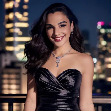 Picture, best quality, a woman in the city at night, photo of beautiful GG<lora:GG:1.0>, black night dress, jewlery, smiling, make up, looking at viewer, perfect face, perfect eyes, sharp focus, Intricate, High Detail, dramatic, photorealistic,