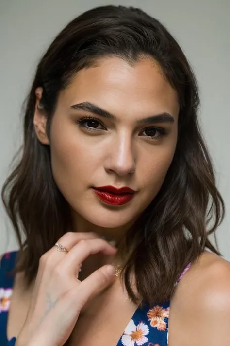 Realistic photo of a beautiful g4lg4d0t-v2 woman, 1girl, solo, long hair, looking at viewer, brown hair, brown eyes, jewelry, upper body, flower, arm up, bracelet, lips, makeup, floral print, ring, lipstick, realistic, soft lighting, professional Photography, Photorealistic, detailed, RAW, analog, sharp focus, 8k, HD, DSLR, high quality, Fujifilm XT3, film grain, award winning, masterpiece<lora:g4lg4d0t-v2:1.0>