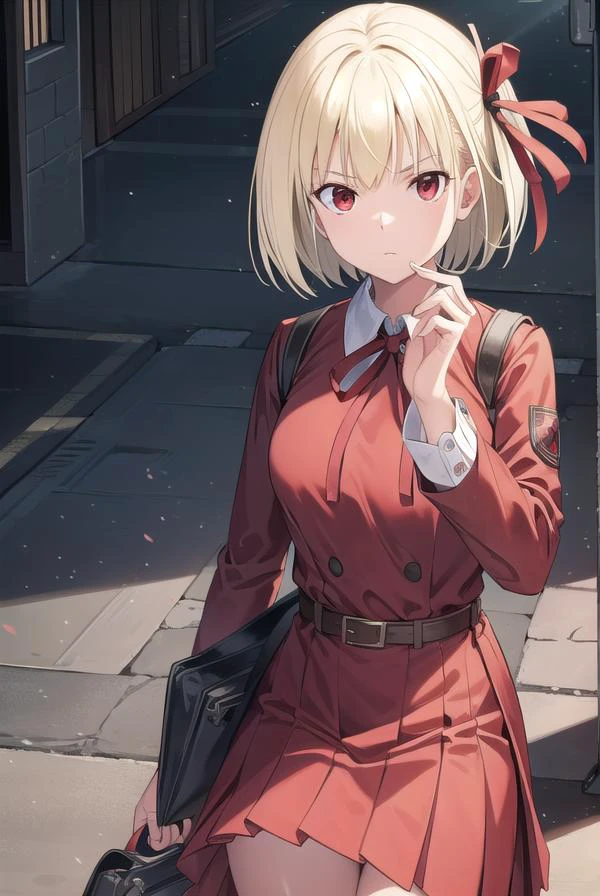 chisatonishikigi, <lyco:chisatonishikigichickeiii-lyco-nochekaiser:1>,
nishikigi chisato, short hair, bangs, blonde hair, (red eyes:1.5), hair ribbon, one side up, bob cut,
BREAK shirt, long sleeves, dress, ribbon, white shirt, collared shirt, belt, neck ribbon, red dress, blue ribbon, pleated dress, red belt, lycoris uniform,
BREAK outdoors, city,
BREAK looking at viewer, (cowboy shot:1.5),
BREAK <lyco:GoodHands-beta2:1>, (masterpiece:1.2), best quality, high resolution, unity 8k wallpaper, (illustration:0.8), (beautiful detailed eyes:1.6), extremely detailed face, perfect lighting, extremely detailed CG, (perfect hands, perfect anatomy),