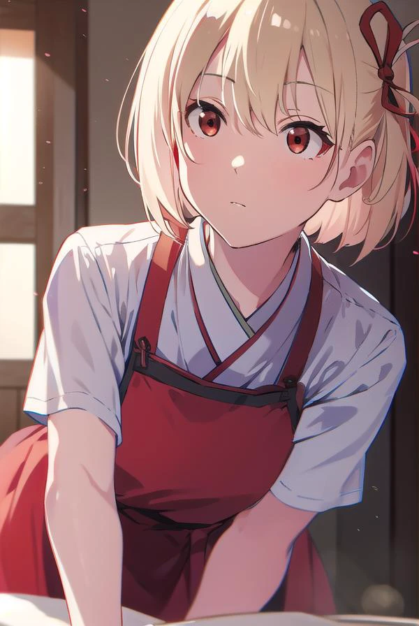chisatonishikigi, <lyco:chisatonishikigi-LYCORIStest:1>,
nishikigi chisato, short hair, bangs, blonde hair, (red eyes:1.5), hair ribbon, one side up, bob cut,
BREAK japanese clothes, kimono, apron, red ribbon, waitress, red kimono,
BREAK indoors,
BREAK looking at viewer, BREAK <lora:GoodHands-vanilla:1>, (masterpiece:1.2), best quality, high resolution, unity 8k wallpaper, (illustration:0.8), (beautiful detailed eyes:1.6), extremely detailed face, perfect lighting, extremely detailed CG, (perfect hands, perfect anatomy),