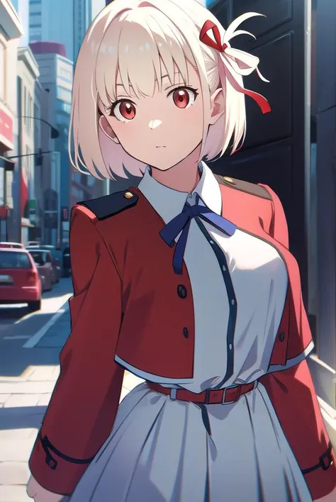 chisatonishikigi, <lyco:chisatonishikigi-LYCORIStest:1>, 
nishikigi chisato, short hair, bangs, blonde hair, (red eyes:1.5), hair ribbon, one side up, bob cut,
BREAK shirt, long sleeves, dress, ribbon, white shirt, collared shirt, belt, neck ribbon, red dress, blue ribbon, pleated dress, grey dress, two-tone dress, red belt, lycoris uniform,
BREAK outdoors, city,
BREAK looking at viewer, BREAK <lora:GoodHands-vanilla:1>, (masterpiece:1.2), best quality, high resolution, unity 8k wallpaper, (illustration:0.8), (beautiful detailed eyes:1.6), extremely detailed face, perfect lighting, extremely detailed CG, (perfect hands, perfect anatomy),