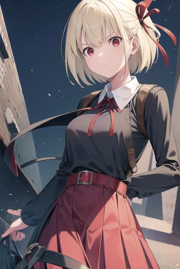 chisatonishikigi, <lyco:chisatonishikigichickeiii-lyco-nochekaiser:1>,
nishikigi chisato, short hair, bangs, blonde hair, (red eyes:1.5), hair ribbon, one side up, bob cut,
BREAK shirt, long sleeves, dress, ribbon, white shirt, collared shirt, belt, neck ribbon, red dress, blue ribbon, pleated dress, red belt, lycoris uniform,
BREAK outdoors, city,
BREAK looking at viewer, (cowboy shot:1.5),
BREAK <lyco:GoodHands-beta2:1>, (masterpiece:1.2), best quality, high resolution, unity 8k wallpaper, (illustration:0.8), (beautiful detailed eyes:1.6), extremely detailed face, perfect lighting, extremely detailed CG, (perfect hands, perfect anatomy),