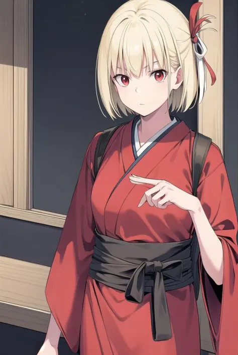 chisatonishikigi, <lyco:chisatonishikigichickeiii-lyco-nochekaiser:1>, 
nishikigi chisato, short hair, bangs, blonde hair, (red eyes:1.5), hair ribbon, one side up, bob cut,
BREAK japanese clothes, kimono, apron, red ribbon, waitress, red kimono,
BREAK indoors, cafe,
BREAK looking at viewer, (cowboy shot:1.5),
BREAK <lyco:GoodHands-beta2:1>, (masterpiece:1.2), best quality, high resolution, unity 8k wallpaper, (illustration:0.8), (beautiful detailed eyes:1.6), extremely detailed face, perfect lighting, extremely detailed CG, (perfect hands, perfect anatomy),