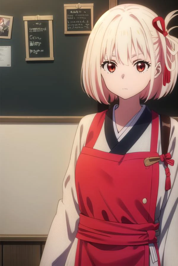 chisatonishikigi, <lyco:chisatonishikigis1-lyco-nochekaiser:1>,
chisato nishikigi, short hair, bangs, blonde hair, (red eyes:1.5), hair ribbon, one side up, bob cut,
BREAK japanese clothes, kimono, apron, red ribbon, waitress, red kimono,
BREAK indoors, cafe, restaurant,
BREAK looking at viewer, (cowboy shot:1.5),
BREAK <lyco:GoodHands-beta2:1>, (masterpiece:1.2), best quality, high resolution, unity 8k wallpaper, (illustration:0.8), (beautiful detailed eyes:1.6), extremely detailed face, perfect lighting, extremely detailed CG, (perfect hands, perfect anatomy),