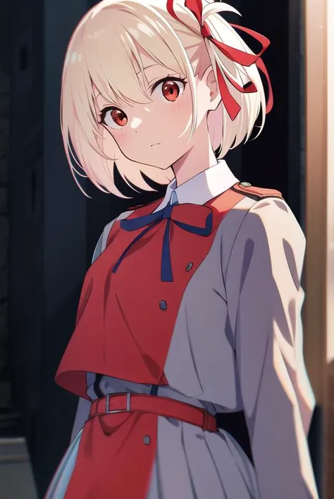 chisatonishikigi, <lyco:chisatonishikigi-LYCORIStest:1>,
nishikigi chisato, short hair, bangs, blonde hair, (red eyes:1.5), hair ribbon, one side up, bob cut,
BREAK shirt, long sleeves, dress, ribbon, white shirt, collared shirt, belt, neck ribbon, red dress, blue ribbon, pleated dress, grey dress, two-tone dress, red belt, lycoris uniform,
BREAK outdoors, city,
BREAK looking at viewer, BREAK <lora:GoodHands-vanilla:1>, (masterpiece:1.2), best quality, high resolution, unity 8k wallpaper, (illustration:0.8), (beautiful detailed eyes:1.6), extremely detailed face, perfect lighting, extremely detailed CG, (perfect hands, perfect anatomy),