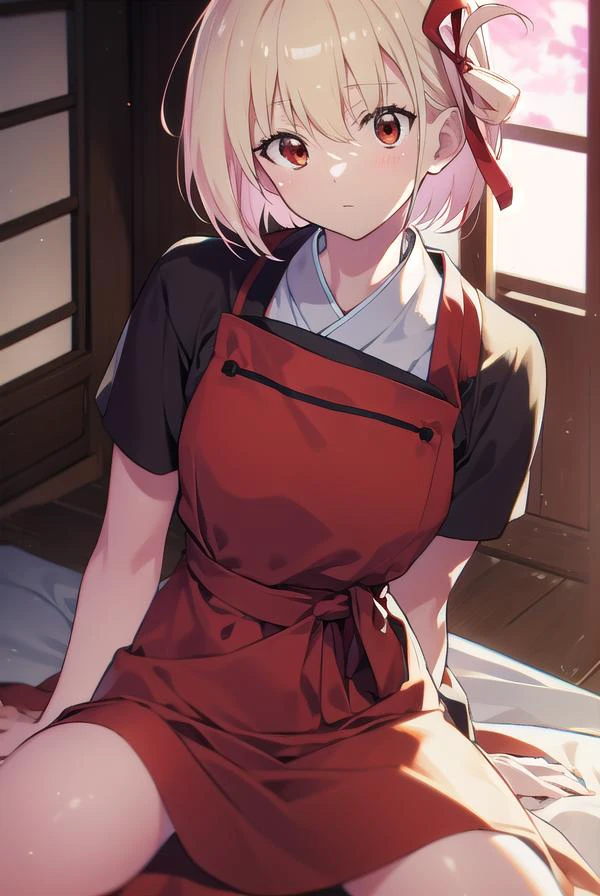chisatonishikigi, <lyco:chisatonishikigi-LYCORIStest:1>,
nishikigi chisato, short hair, bangs, blonde hair, (red eyes:1.5), hair ribbon, one side up, bob cut,
BREAK japanese clothes, kimono, apron, red ribbon, waitress, red kimono,
BREAK indoors,
BREAK looking at viewer, BREAK <lora:GoodHands-vanilla:1>, (masterpiece:1.2), best quality, high resolution, unity 8k wallpaper, (illustration:0.8), (beautiful detailed eyes:1.6), extremely detailed face, perfect lighting, extremely detailed CG, (perfect hands, perfect anatomy),