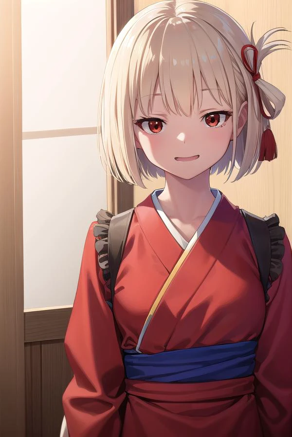 chisatonishikigi, <lyco:chisatonishikigi-lyco-nochekaiser:1>,
nishikigi chisato, short hair, bangs, blonde hair, (red eyes:1.5), hair ribbon, one side up, bob cut, <lora:smirkingeye_v100:1>, <lora:smirkingmouth_v100:1> open mouth, smile,
BREAK japanese clothes, kimono, apron, red ribbon, waitress, red kimono,
BREAK indoors, cafe,
BREAK looking at viewer, (cowboy shot:1.5),
BREAK <lyco:GoodHands-beta2:1>, (masterpiece:1.2), best quality, high resolution, unity 8k wallpaper, (illustration:0.8), (beautiful detailed eyes:1.6), extremely detailed face, perfect lighting, extremely detailed CG, (perfect hands, perfect anatomy),
