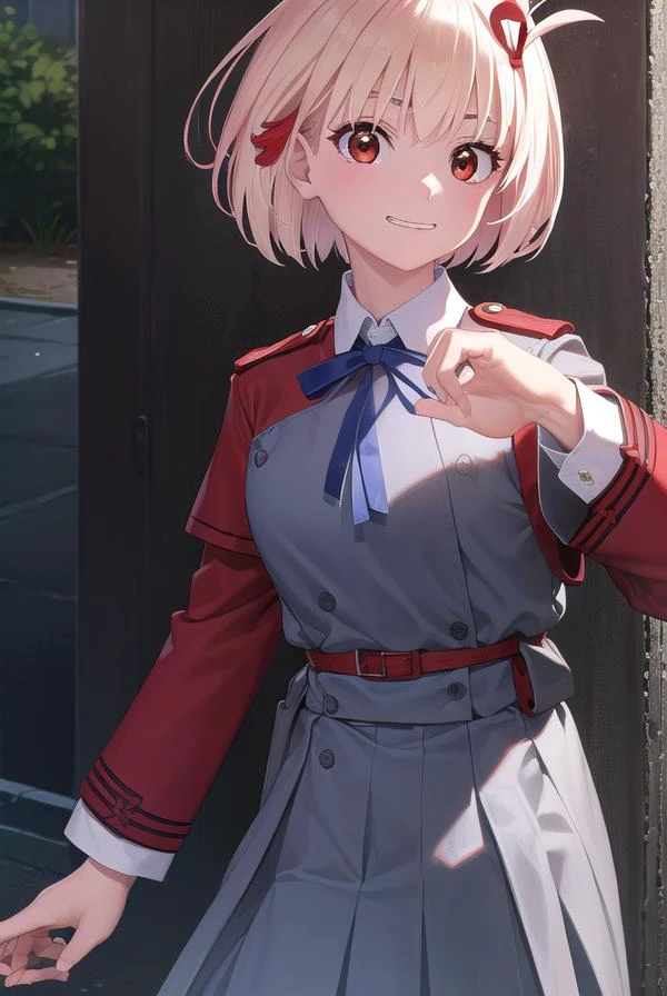 chisatonishikigi, <lyco:chisatonishikigi-lyco-nochekaiser:1>,
nishikigi chisato, short hair, bangs, blonde hair, (red eyes:1.5), hair ribbon, one side up, bob cut, <lora:talkmouth_I_v100:1>,
BREAK shirt, long sleeves, dress, ribbon, white shirt, collared shirt, belt, neck ribbon, red dress, blue ribbon, pleated dress, grey dress, two-tone dress, red belt, lycoris uniform,
BREAK outdoors, city,
BREAK looking at viewer, (cowboy shot:1.5),
BREAK <lyco:GoodHands-beta2:1>, (masterpiece:1.2), best quality, high resolution, unity 8k wallpaper, (illustration:0.8), (beautiful detailed eyes:1.6), extremely detailed face, perfect lighting, extremely detailed CG, (perfect hands, perfect anatomy),