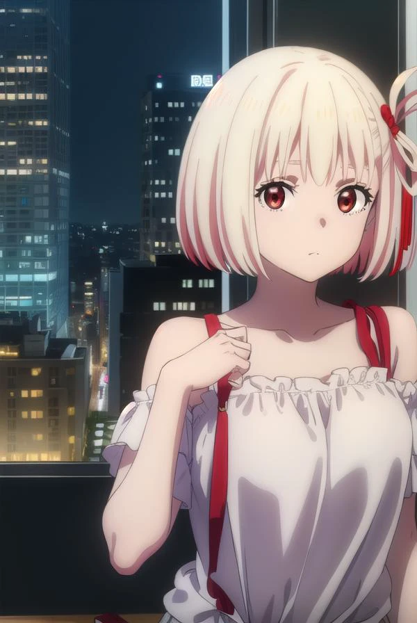 chisatonishikigi, <lyco:chisatonishikigis1-lyco-nochekaiser:1>,
chisato nishikigi, short hair, bangs, blonde hair, (red eyes:1.5), hair ribbon, one side up, bob cut,
BREAK shirt, bare shoulders, twintails, collarbone, hair ribbon, white shirt, frills, off shoulder, red ribbon, short twintails, off-shoulder shirt, frilled shirt,
BREAK outdoors, city,
BREAK looking at viewer, (cowboy shot:1.5),
BREAK <lyco:GoodHands-beta2:1>, (masterpiece:1.2), best quality, high resolution, unity 8k wallpaper, (illustration:0.8), (beautiful detailed eyes:1.6), extremely detailed face, perfect lighting, extremely detailed CG, (perfect hands, perfect anatomy),