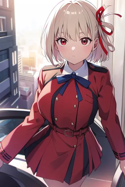 chisatonishikigi, <lyco:chisatonishikigi-LYCORIStest:1>, 
nishikigi chisato, short hair, bangs, blonde hair, (red eyes:1.5), hair ribbon, one side up, bob cut,
BREAK shirt, long sleeves, dress, ribbon, white shirt, collared shirt, belt, neck ribbon, red dress, blue ribbon, pleated dress, grey dress, two-tone dress, red belt, lycoris uniform,
BREAK outdoors, city,
BREAK looking at viewer, BREAK <lora:GoodHands-vanilla:1>, (masterpiece:1.2), best quality, high resolution, unity 8k wallpaper, (illustration:0.8), (beautiful detailed eyes:1.6), extremely detailed face, perfect lighting, extremely detailed CG, (perfect hands, perfect anatomy),