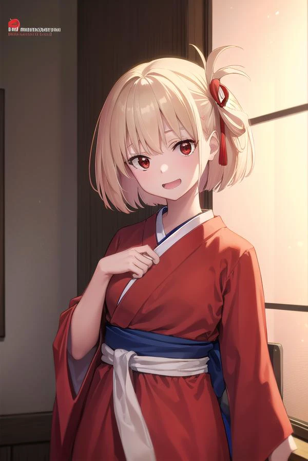 chisatonishikigi, <lyco:chisatonishikigi-lyco-nochekaiser:1>,
nishikigi chisato, short hair, bangs, blonde hair, (red eyes:1.5), hair ribbon, one side up, bob cut, <lora:smirkingeye_v100:1>, <lora:smirkingmouth_v100:1> open mouth, smile,
BREAK japanese clothes, kimono, apron, red ribbon, waitress, red kimono,
BREAK indoors, cafe,
BREAK looking at viewer, (cowboy shot:1.5),
BREAK <lyco:GoodHands-beta2:1>, (masterpiece:1.2), best quality, high resolution, unity 8k wallpaper, (illustration:0.8), (beautiful detailed eyes:1.6), extremely detailed face, perfect lighting, extremely detailed CG, (perfect hands, perfect anatomy),