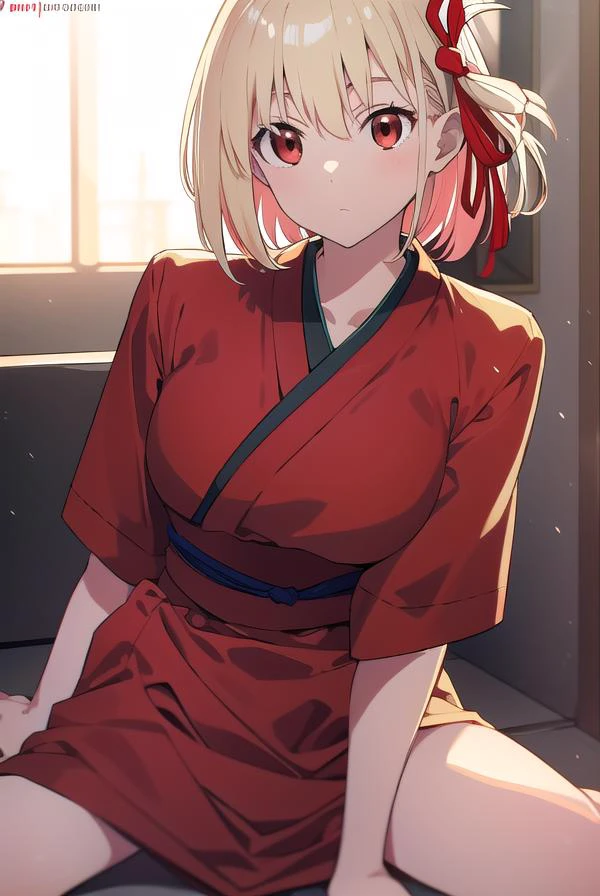 chisatonishikigi, <lyco:chisatonishikigi-LYCORIStest:1>,
nishikigi chisato, short hair, bangs, blonde hair, (red eyes:1.5), hair ribbon, one side up, bob cut,
BREAK japanese clothes, kimono, apron, red ribbon, waitress, red kimono,
BREAK indoors,
BREAK looking at viewer, BREAK <lora:GoodHands-vanilla:1>, (masterpiece:1.2), best quality, high resolution, unity 8k wallpaper, (illustration:0.8), (beautiful detailed eyes:1.6), extremely detailed face, perfect lighting, extremely detailed CG, (perfect hands, perfect anatomy),