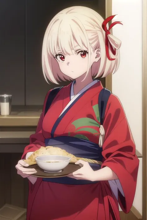 chisatonishikigi, <lyco:chisatonishikigis1-lyco-nochekaiser:1>, 
chisato nishikigi, short hair, bangs, blonde hair, (red eyes:1.5), hair ribbon, one side up, bob cut,
BREAK japanese clothes, kimono, apron, red ribbon, waitress, red kimono,
BREAK indoors, cafe, restaurant,
BREAK looking at viewer, (cowboy shot:1.5),
BREAK <lyco:GoodHands-beta2:1>, (masterpiece:1.2), best quality, high resolution, unity 8k wallpaper, (illustration:0.8), (beautiful detailed eyes:1.6), extremely detailed face, perfect lighting, extremely detailed CG, (perfect hands, perfect anatomy),