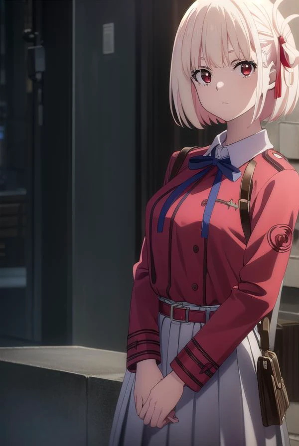 chisatonishikigi, <lyco:chisatonishikigis1-lyco-nochekaiser:1>,
chisato nishikigi, short hair, bangs, blonde hair, (red eyes:1.5), hair ribbon, one side up, bob cut,
BREAK shirt, long sleeves, dress, ribbon, white shirt, collared shirt, belt, neck ribbon, red dress, blue ribbon, pleated dress, grey dress, two-tone dress, red belt, lycoris uniform,
BREAK outdoors, city,
BREAK looking at viewer, (cowboy shot:1.5),
BREAK <lyco:GoodHands-beta2:1>, (masterpiece:1.2), best quality, high resolution, unity 8k wallpaper, (illustration:0.8), (beautiful detailed eyes:1.6), extremely detailed face, perfect lighting, extremely detailed CG, (perfect hands, perfect anatomy),