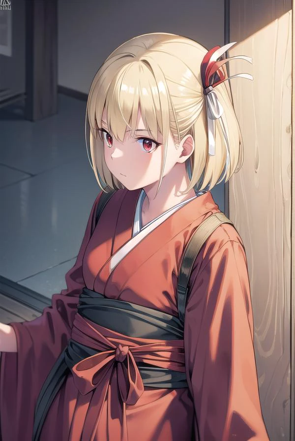 chisatonishikigi, <lyco:chisatonishikigichickeiii-lyco-nochekaiser:1>,
nishikigi chisato, short hair, bangs, blonde hair, (red eyes:1.5), hair ribbon, one side up, bob cut,
BREAK japanese clothes, kimono, apron, red ribbon, waitress, red kimono,
BREAK indoors, cafe,
BREAK looking at viewer, (cowboy shot:1.5),
BREAK <lyco:GoodHands-beta2:1>, (masterpiece:1.2), best quality, high resolution, unity 8k wallpaper, (illustration:0.8), (beautiful detailed eyes:1.6), extremely detailed face, perfect lighting, extremely detailed CG, (perfect hands, perfect anatomy),