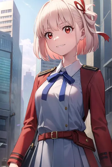 chisatonishikigi, <lyco:chisatonishikigi-lyco-nochekaiser:1>, 
nishikigi chisato, short hair, bangs, blonde hair, (red eyes:1.5), hair ribbon, one side up, bob cut, <lora:talkmouth_I_v100:1>,
BREAK shirt, long sleeves, dress, ribbon, white shirt, collared shirt, belt, neck ribbon, red dress, blue ribbon, pleated dress, grey dress, two-tone dress, red belt, lycoris uniform,
BREAK outdoors, city,
BREAK looking at viewer, (cowboy shot:1.5),
BREAK <lyco:GoodHands-beta2:1>, (masterpiece:1.2), best quality, high resolution, unity 8k wallpaper, (illustration:0.8), (beautiful detailed eyes:1.6), extremely detailed face, perfect lighting, extremely detailed CG, (perfect hands, perfect anatomy),