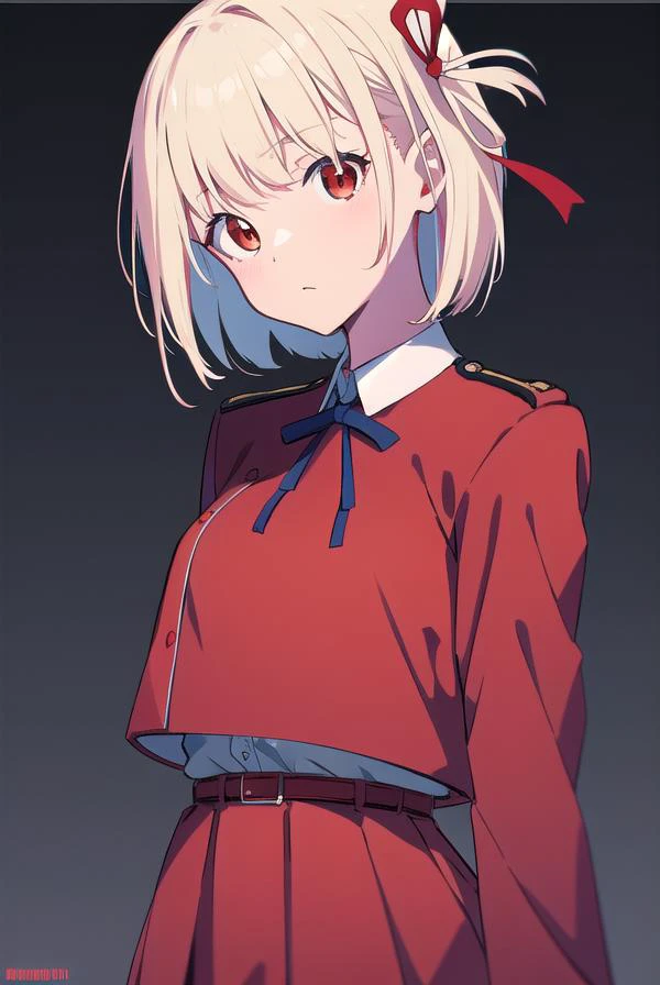 chisatonishikigi, <lyco:chisatonishikigi-LYCORIStest:1>,
nishikigi chisato, short hair, bangs, blonde hair, (red eyes:1.5), hair ribbon, one side up, bob cut,
BREAK shirt, long sleeves, dress, ribbon, white shirt, collared shirt, belt, neck ribbon, red dress, blue ribbon, pleated dress, grey dress, two-tone dress, red belt, lycoris uniform,
BREAK outdoors, city,
BREAK looking at viewer, BREAK <lora:GoodHands-vanilla:1>, (masterpiece:1.2), best quality, high resolution, unity 8k wallpaper, (illustration:0.8), (beautiful detailed eyes:1.6), extremely detailed face, perfect lighting, extremely detailed CG, (perfect hands, perfect anatomy),