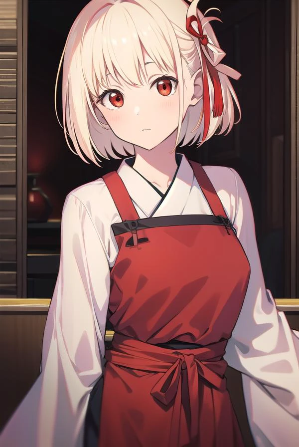 chisatonishikigi, <lyco:chisatonishikigi-LYCORIStest:1>,
nishikigi chisato, short hair, bangs, blonde hair, (red eyes:1.5), hair ribbon, one side up, bob cut,
BREAK japanese clothes, kimono, apron, red ribbon, waitress, red kimono,
BREAK indoors,
BREAK looking at viewer, BREAK <lora:GoodHands-vanilla:1>, (masterpiece:1.2), best quality, high resolution, unity 8k wallpaper, (illustration:0.8), (beautiful detailed eyes:1.6), extremely detailed face, perfect lighting, extremely detailed CG, (perfect hands, perfect anatomy),