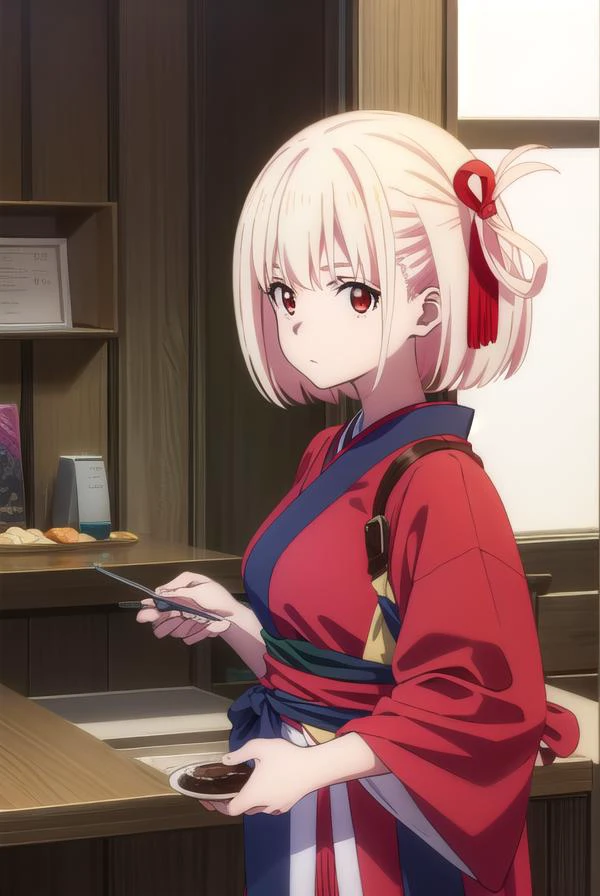 chisatonishikigi, <lyco:chisatonishikigis1-lyco-nochekaiser:1>,
chisato nishikigi, short hair, bangs, blonde hair, (red eyes:1.5), hair ribbon, one side up, bob cut,
BREAK japanese clothes, kimono, apron, red ribbon, waitress, red kimono,
BREAK indoors, cafe, restaurant,
BREAK looking at viewer, (cowboy shot:1.5),
BREAK <lyco:GoodHands-beta2:1>, (masterpiece:1.2), best quality, high resolution, unity 8k wallpaper, (illustration:0.8), (beautiful detailed eyes:1.6), extremely detailed face, perfect lighting, extremely detailed CG, (perfect hands, perfect anatomy),
