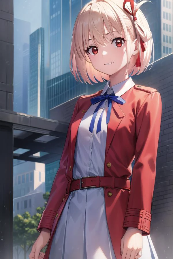 chisatonishikigi, <lyco:chisatonishikigi-lyco-nochekaiser:1>,
nishikigi chisato, short hair, bangs, blonde hair, (red eyes:1.5), hair ribbon, one side up, bob cut, <lora:talkmouth_I_v100:1>,
BREAK shirt, long sleeves, dress, ribbon, white shirt, collared shirt, belt, neck ribbon, red dress, blue ribbon, pleated dress, grey dress, two-tone dress, red belt, lycoris uniform,
BREAK outdoors, city,
BREAK looking at viewer, (cowboy shot:1.5),
BREAK <lyco:GoodHands-beta2:1>, (masterpiece:1.2), best quality, high resolution, unity 8k wallpaper, (illustration:0.8), (beautiful detailed eyes:1.6), extremely detailed face, perfect lighting, extremely detailed CG, (perfect hands, perfect anatomy),