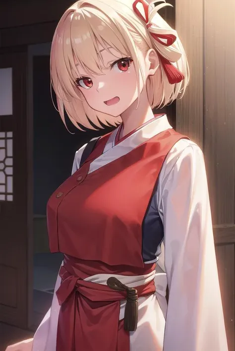 chisatonishikigi, <lyco:chisatonishikigi-lyco-nochekaiser:1>, 
nishikigi chisato, short hair, bangs, blonde hair, (red eyes:1.5), hair ribbon, one side up, bob cut, <lora:smirkingeye_v100:1>, <lora:smirkingmouth_v100:1> open mouth, smile,
BREAK japanese clothes, kimono, apron, red ribbon, waitress, red kimono,
BREAK indoors, cafe,
BREAK looking at viewer, (cowboy shot:1.5),
BREAK <lyco:GoodHands-beta2:1>, (masterpiece:1.2), best quality, high resolution, unity 8k wallpaper, (illustration:0.8), (beautiful detailed eyes:1.6), extremely detailed face, perfect lighting, extremely detailed CG, (perfect hands, perfect anatomy),