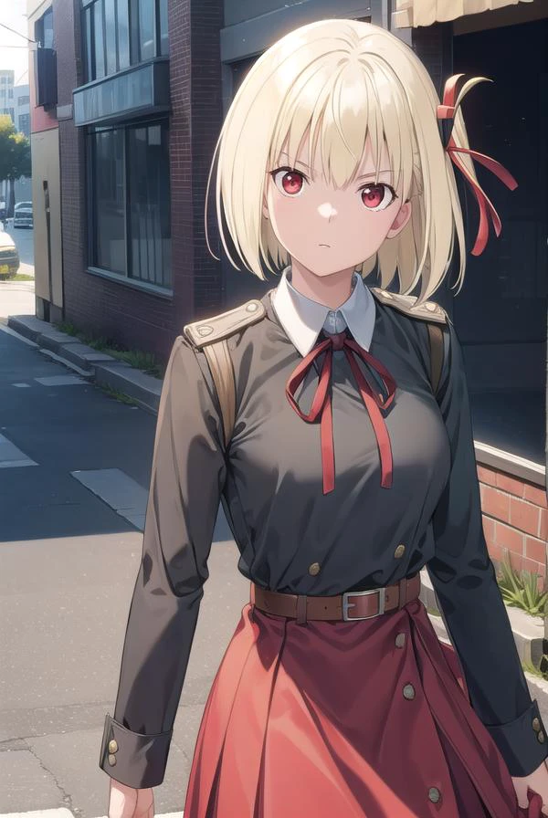 chisatonishikigi, <lyco:chisatonishikigichickeiii-lyco-nochekaiser:1>,
nishikigi chisato, short hair, bangs, blonde hair, (red eyes:1.5), hair ribbon, one side up, bob cut,
BREAK shirt, long sleeves, dress, ribbon, white shirt, collared shirt, belt, neck ribbon, red dress, blue ribbon, pleated dress, red belt, lycoris uniform,
BREAK outdoors, city,
BREAK looking at viewer, (cowboy shot:1.5),
BREAK <lyco:GoodHands-beta2:1>, (masterpiece:1.2), best quality, high resolution, unity 8k wallpaper, (illustration:0.8), (beautiful detailed eyes:1.6), extremely detailed face, perfect lighting, extremely detailed CG, (perfect hands, perfect anatomy),