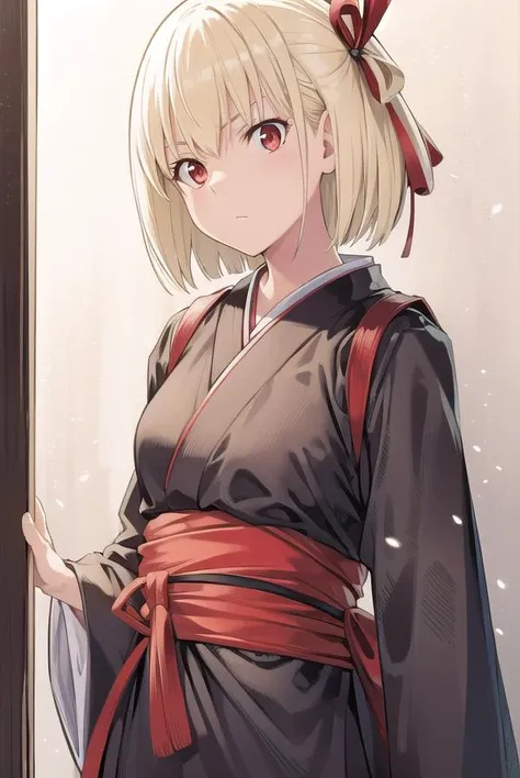 chisatonishikigi, <lyco:chisatonishikigichickeiii-lyco-nochekaiser:1>, 
nishikigi chisato, short hair, bangs, blonde hair, (red eyes:1.5), hair ribbon, one side up, bob cut,
BREAK japanese clothes, kimono, apron, red ribbon, waitress, red kimono,
BREAK indoors, cafe,
BREAK looking at viewer, (cowboy shot:1.5),
BREAK <lyco:GoodHands-beta2:1>, (masterpiece:1.2), best quality, high resolution, unity 8k wallpaper, (illustration:0.8), (beautiful detailed eyes:1.6), extremely detailed face, perfect lighting, extremely detailed CG, (perfect hands, perfect anatomy),