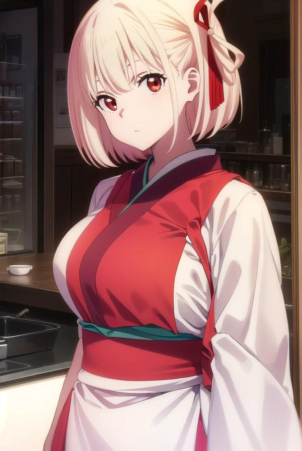 chisatonishikigi, <lyco:chisatonishikigis1-lyco-nochekaiser:1>,
chisato nishikigi, short hair, bangs, blonde hair, (red eyes:1.5), hair ribbon, one side up, bob cut,
BREAK japanese clothes, kimono, apron, red ribbon, waitress, red kimono,
BREAK indoors, cafe, restaurant,
BREAK looking at viewer, (cowboy shot:1.5),
BREAK <lyco:GoodHands-beta2:1>, (masterpiece:1.2), best quality, high resolution, unity 8k wallpaper, (illustration:0.8), (beautiful detailed eyes:1.6), extremely detailed face, perfect lighting, extremely detailed CG, (perfect hands, perfect anatomy),