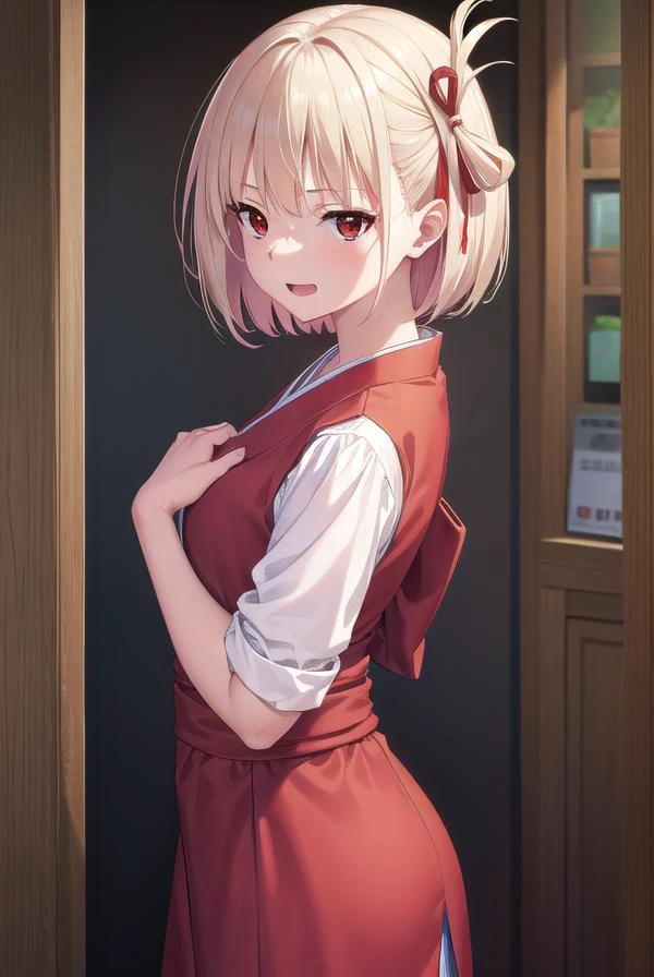 chisatonishikigi, <lyco:chisatonishikigi-lyco-nochekaiser:1>,
nishikigi chisato, short hair, bangs, blonde hair, (red eyes:1.5), hair ribbon, one side up, bob cut, <lora:smirkingeye_v100:1>, <lora:smirkingmouth_v100:1> open mouth, smile,
BREAK japanese clothes, kimono, apron, red ribbon, waitress, red kimono,
BREAK indoors, cafe,
BREAK looking at viewer, (cowboy shot:1.5),
BREAK <lyco:GoodHands-beta2:1>, (masterpiece:1.2), best quality, high resolution, unity 8k wallpaper, (illustration:0.8), (beautiful detailed eyes:1.6), extremely detailed face, perfect lighting, extremely detailed CG, (perfect hands, perfect anatomy),