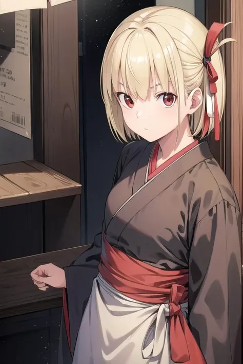 chisatonishikigi, <lyco:chisatonishikigichickeiii-lyco-nochekaiser:1>, 
nishikigi chisato, short hair, bangs, blonde hair, (red eyes:1.5), hair ribbon, one side up, bob cut,
BREAK japanese clothes, kimono, apron, red ribbon, waitress, red kimono,
BREAK indoors, cafe,
BREAK looking at viewer, (cowboy shot:1.5),
BREAK <lyco:GoodHands-beta2:1>, (masterpiece:1.2), best quality, high resolution, unity 8k wallpaper, (illustration:0.8), (beautiful detailed eyes:1.6), extremely detailed face, perfect lighting, extremely detailed CG, (perfect hands, perfect anatomy),